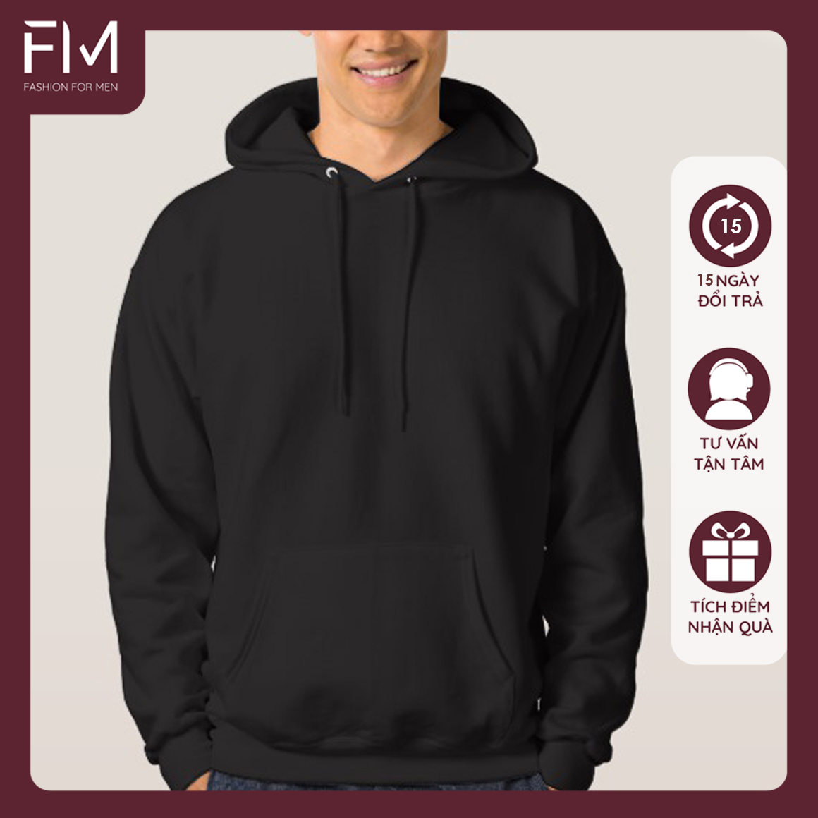 Áo hoodie trơn màu đen thời trang trẻ trung, năng động - FORMENSHOP - FM5GV016