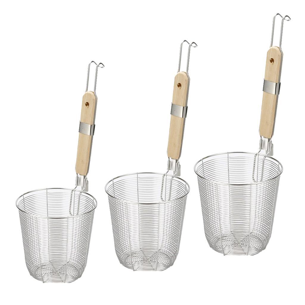 Wooden Handle Stainless Steel Kitchen Noodle Mesh Strainer Baskets S&M