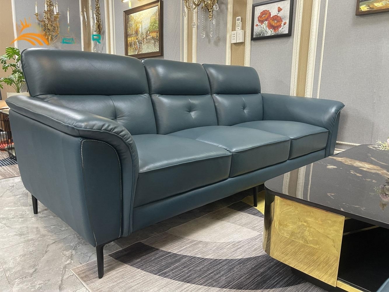 Combo ghế sofa băng da bò Italy Juno sofa màu xanh SFBCT06 2m4/1m1 hàng cao cấp chuẩn da bò nhập khẩu Ý