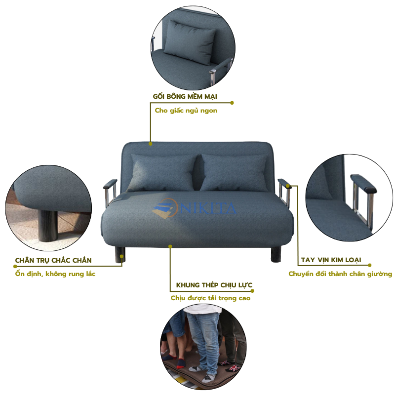 Giường ghế sofa 3 chức năng có thể ngả đầu, nệm dày êm ái, dễ dàng sử dụng chính hãng Nikita