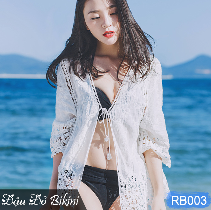 Áo khoác ren ngoài bikini loại đẹp, áo lưới đi biển nữ thời trang, dáng cardigan lửng sexy gợi cảm, dây buộc trước tiện dụng | RB003