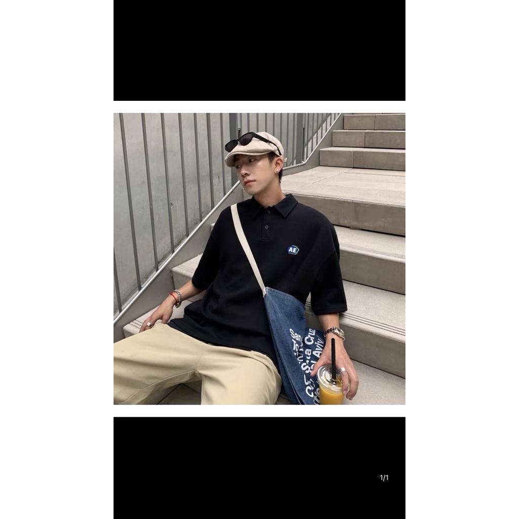 Áo PoLo form rộng phong cách Hàn Quốc thêu chữ AEcổ bẻ̂ ̛̃ Áo Pô Lô Unisex nam