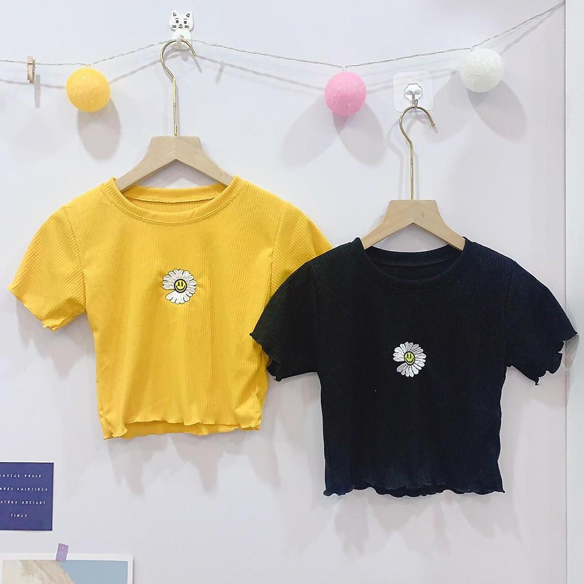 ÁO CROPTOP THUN ÔM BODY CO GIÃN - ÁO KIỂU CRT NGẮN TAY TRƠN BASIC THÊU HOA CÚC