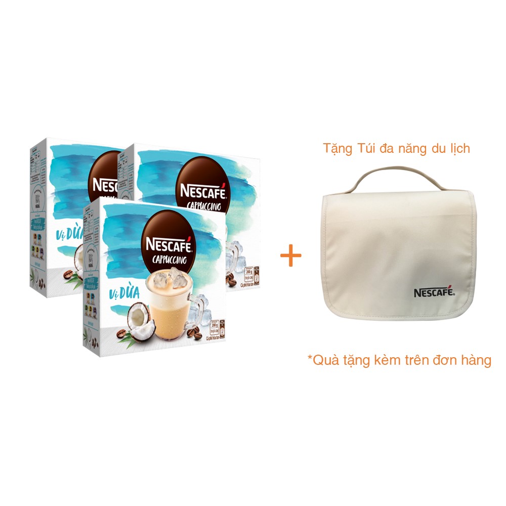 Combo 3 hộp cà phê hòa tan Nescafé Cappuccino vị dừa (Hộp 10 gói x 20g) - [Tặng túi du lịch đa năng]