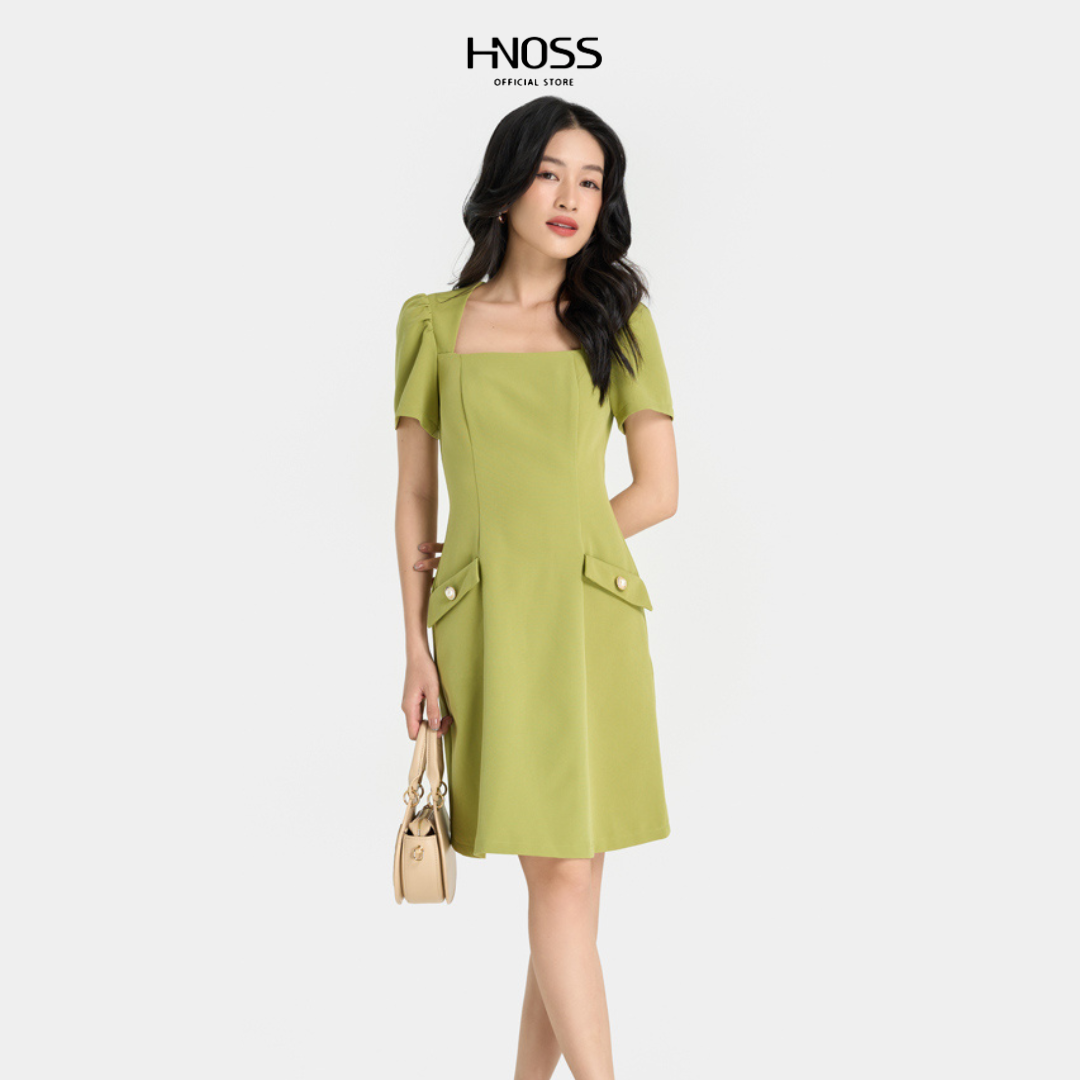 Đầm Lửng Nữ Thời Trang HNOSS Túi Đính Đá Tay Phồng HNDLU063