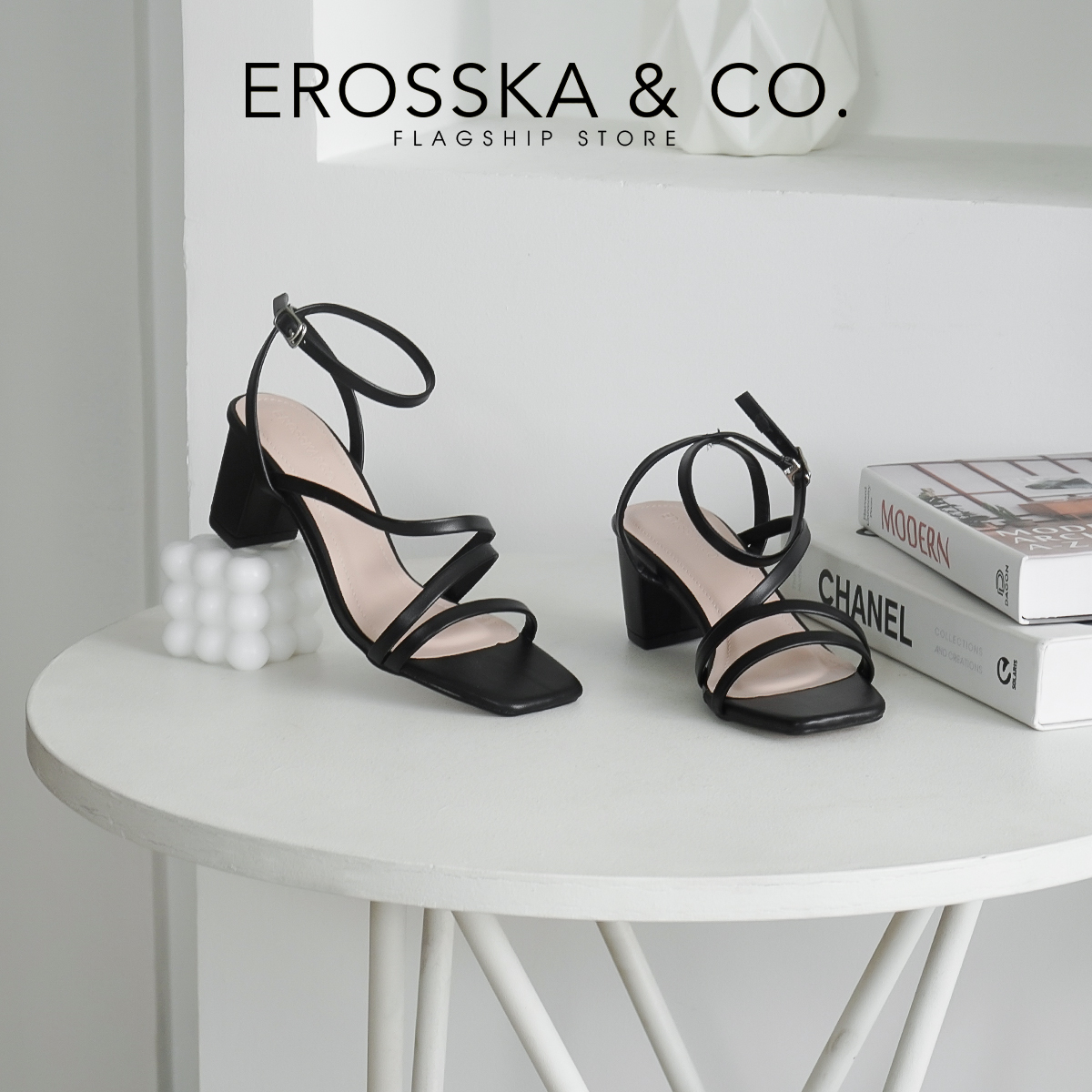 Erosska - Giày sandal nữ mũi vuông phối dây mảnh kiểu dáng thanh lịch cao 5cm - Eb060
