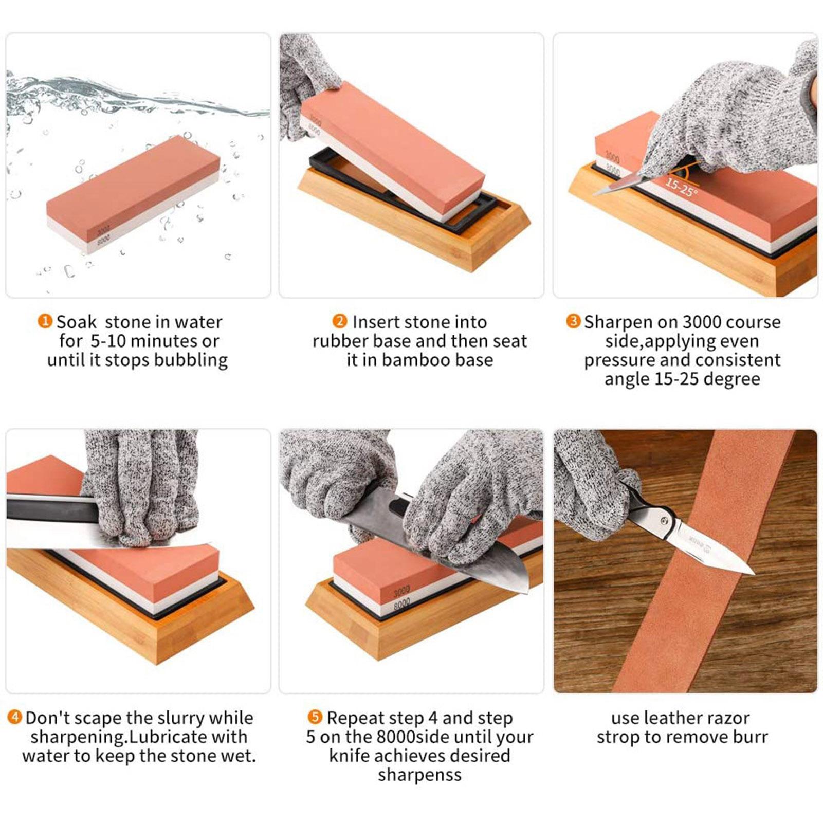 Bộ đá mài 2 mặt 400/1000 3000/80000, gồm giá đỡ bằng silicone, đế tre dây da, đá mài, kẹp góc, bộ dụng cụ chuyên nghiệp cho nhà bếp