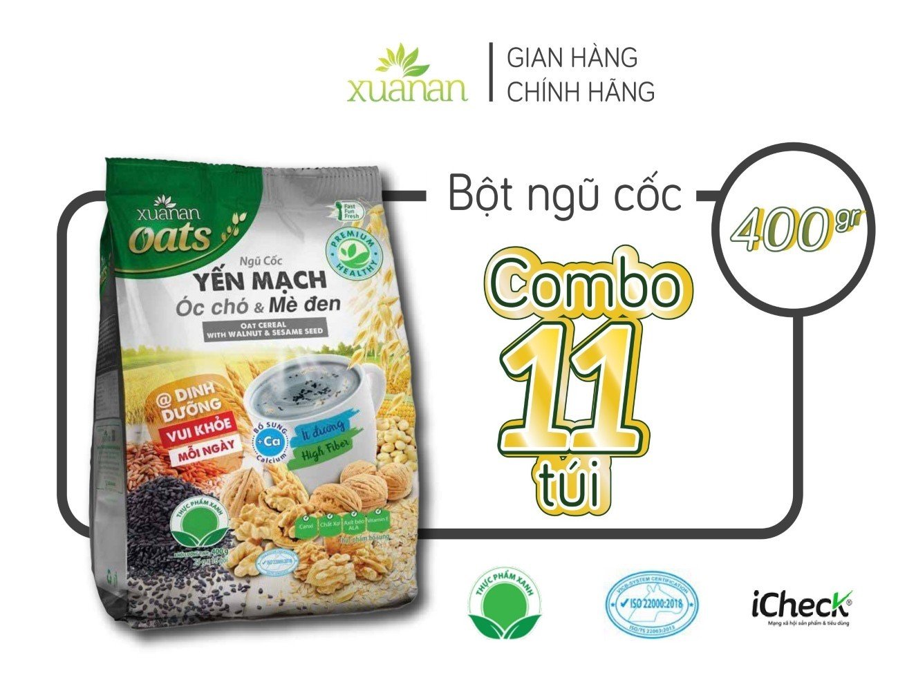 Combo 11 Túi Ngũ Cốc Yến Mạch, Óc Chó Và Mè Đen Xuân An [ít đường] 400G {25g*16 gói} (Tặng Kèm 11 Túi Yến Mạch 150G)