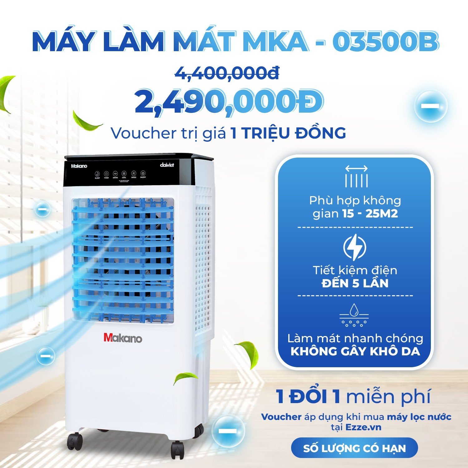 Quạt điều hoà làm mát không khí Makano MKA-03500B Công suất 90W, Lượng gió 3.500 M³/H - Hàng chính hãng