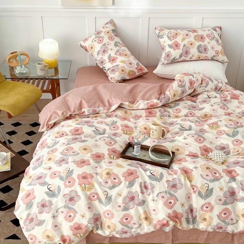 Bộ Chăn Ga Gối Cotton Living 100%Cotton Hàng Nhập Khẩu Cao Cấp 4 Món Hoa Nhí Vintage Hàn Quốc