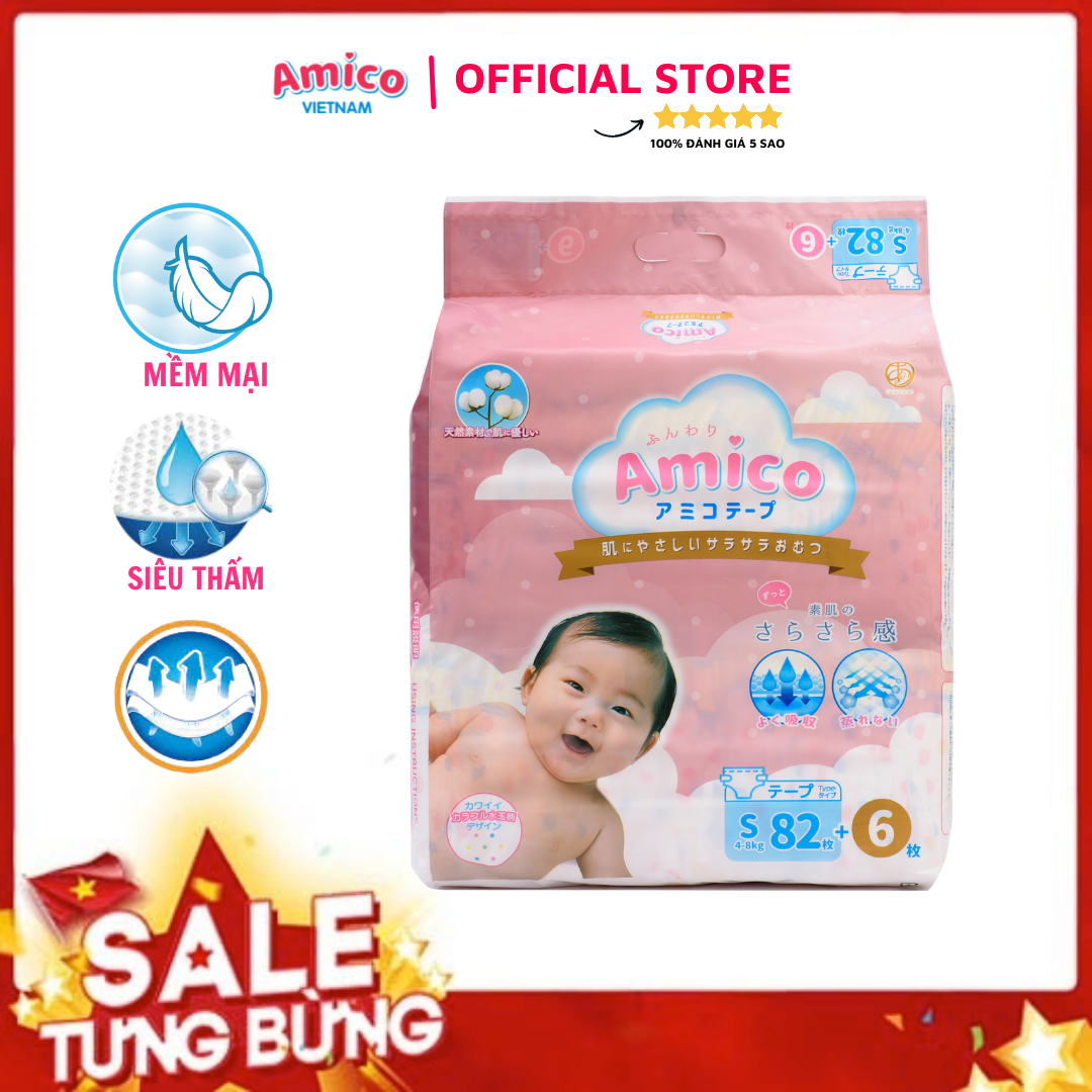 Bỉm - Tã dán Amico size S 82+ 6 miếng (Cho bé 4 - 8 kg)