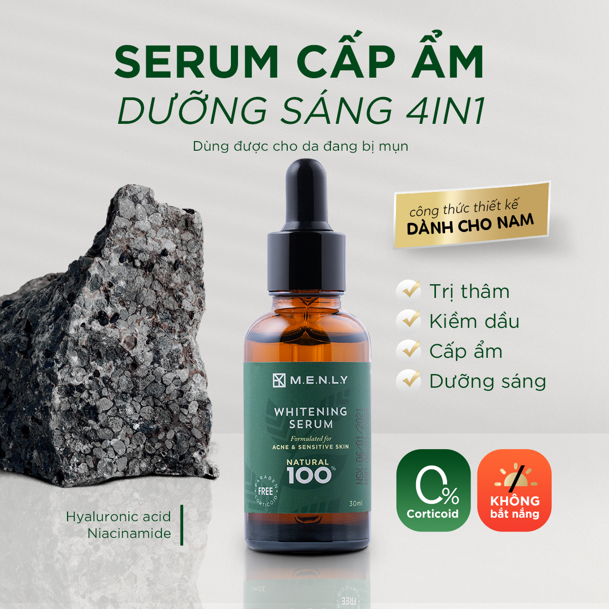 Serum thiên nhiên MENLY dưỡng trắng mờ thâm da cho nam  30ml.