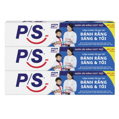 Combo 3 Kem Đánh Răng P/S Ngừa Sâu Răng Vượt Trội 240g lấp đầy các lỗ sâu li ti giúp răng chắc khỏe hơn 10X cho cả gia đình