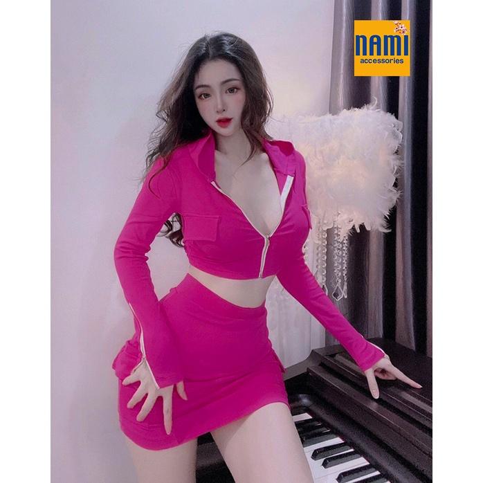 SET THỂ THAO CROPTOP MŨ KHOÁ KÉO KÈM CHÂN VÁY ÔM BODY SEXY QUYẾN RŨ - QANU451
