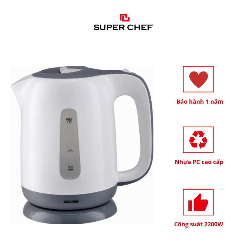 Ấm Đun Siêu Tốc Nhựa 1.7 Lít Chính Hãng Super Chef Công Suất đến 2200W Đun Nhanh, Nhựa Chịu Nhiệt, An Toàn Sức Khỏe, Nhiều Tính Năng An Toàn, Siêu Tiện Lợi, Giá Tốt SC_KP1775