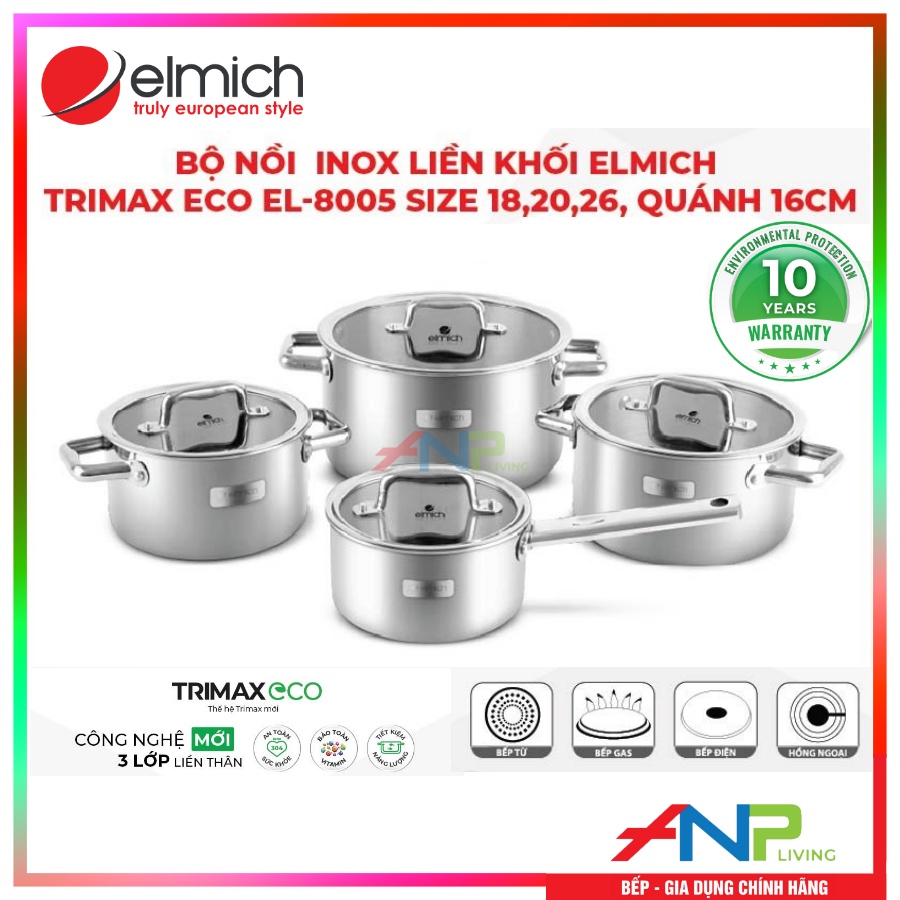 Bộ Nồi INOX 3 Lớp Liền Khối Elmich Trimax ECO EL-8005 (Bộ 3 Nồi Size 18, 20, 26cm &amp; Quánh Size 16cm) - HÀNG CHÍNH HÃNG