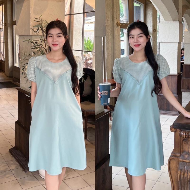 Đầm yếm bầu phối kẻ karo chất cotton lạnh mát mẻ diện đi làm, đi chơi đều xinh - Hồng
