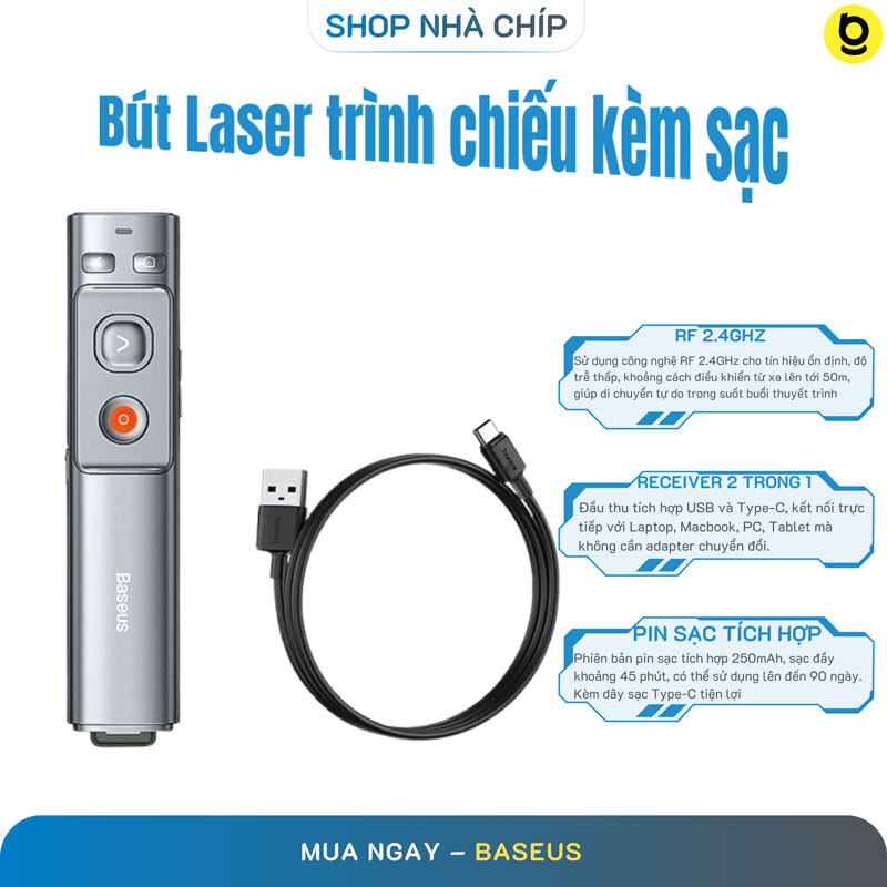 Bút Laser trình chiếu Baseus Orange Dot Wireless Presenter cho Laptop/ Macbook (100m. 2.4Ghz USB/Type C Receiver, Wireless Remote Control, Red Laser Pointer/ Presenter) kèm dây sạc- Hàng chính hãng