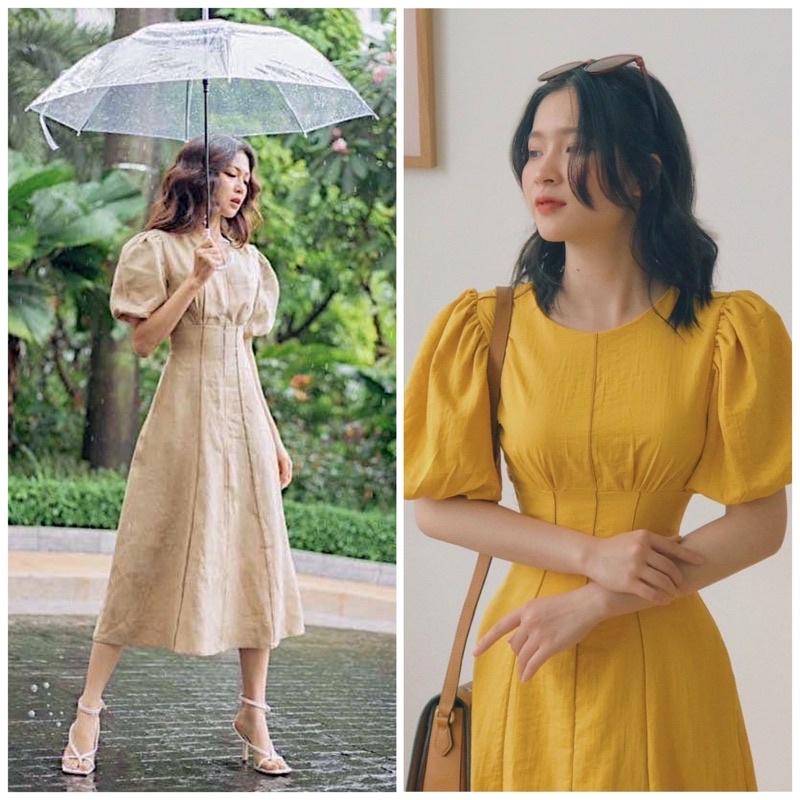 Đầm váy cổ tròn viền sọc nâu 2 màu  phù hợp đi làm đi chơi dạo phố