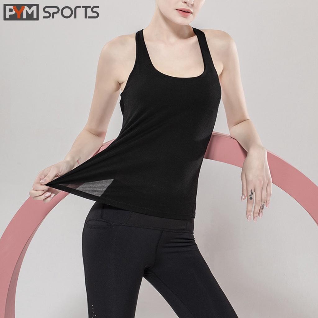 Áo tanktop mặc tập gym - tập yoga PYM SPORT - PYMTT009 liền bra đan dây lưng, 4 màu đen, cam đất, đỏ mận, tím