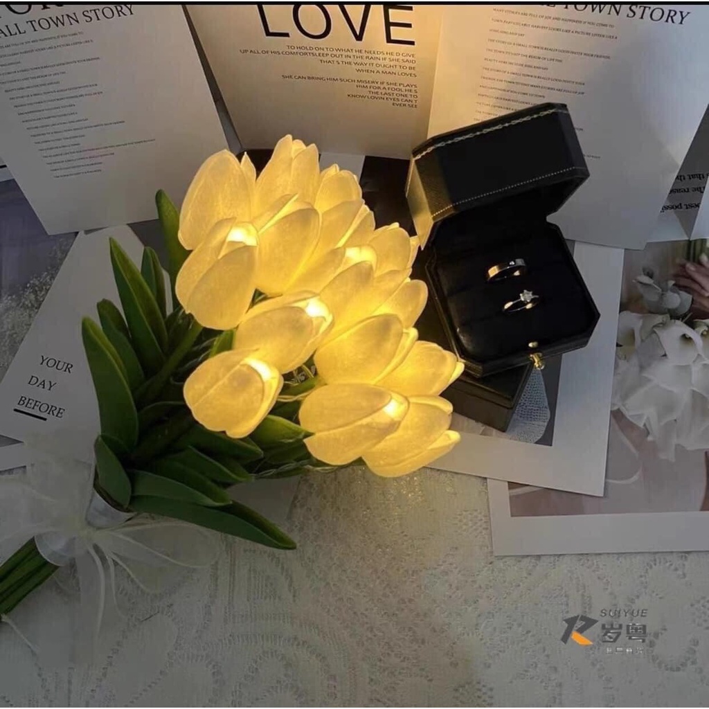 Bó 10 Cành Hoa Tulip Kèm Đèn Led Phát Sáng Hoa Cưới Hoa Lụa Giả Kèm Nơ Xinh Decor Trang Trí Nhà Cửa