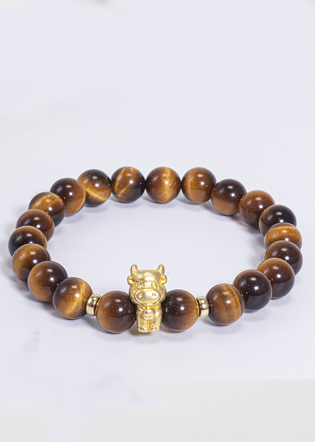 Vòng Tay Phong Thủy Đá Mắt Hổ Vàng Nâu Phối Charm Tuổi Sửu Bạc Mạ Vàng 24K Mệnh Thổ, Kim Ngọc Quý Gemstones