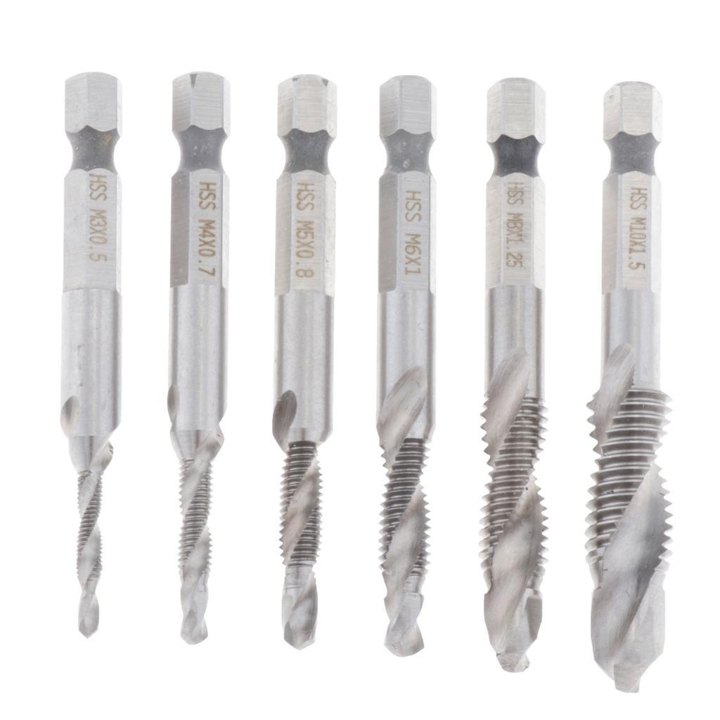 Set of 6 HSS Steel Combination Drill and Tap Bit Set with 1/4 inch Hex Shank - Metric M3 M4 M5 M6 M7 M8 M10