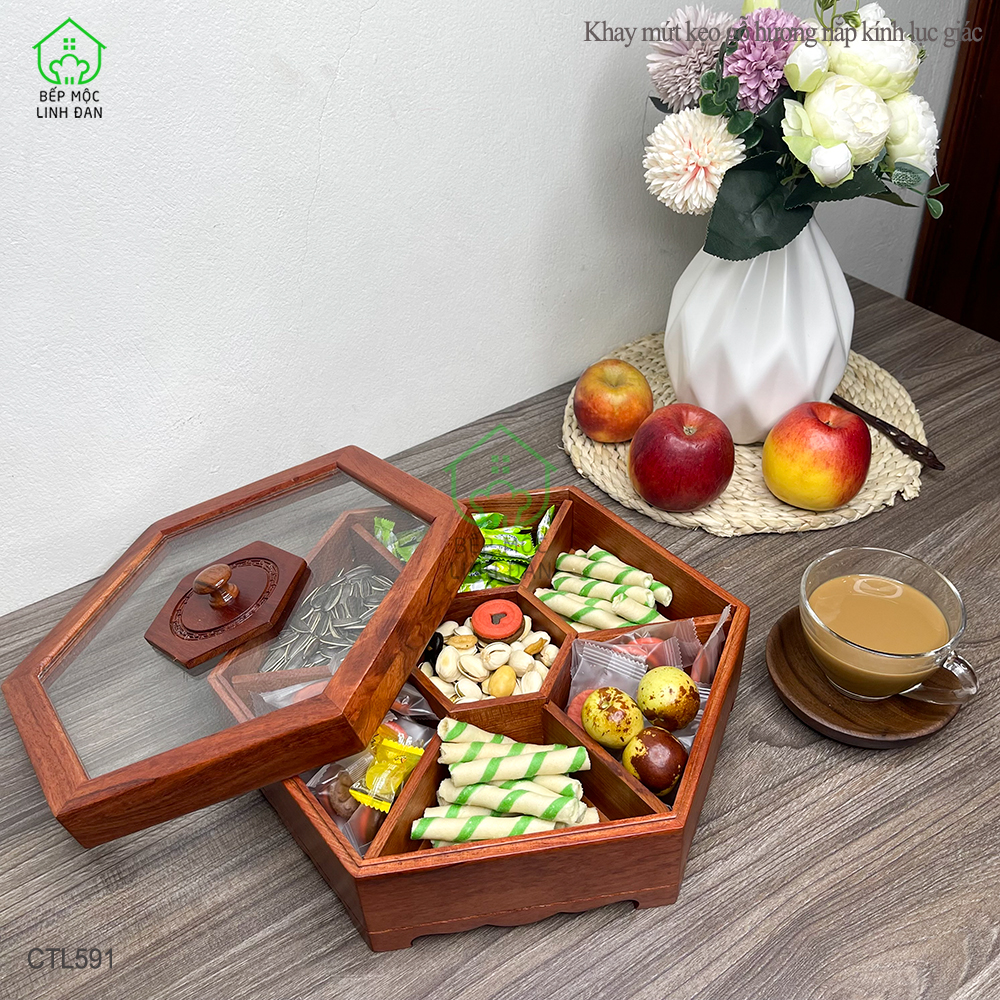 Khay gỗ Hương đựng bánh kẹo, mứt tết - Nắp kính hình lục giác, mẫu mới nhất - CTL591