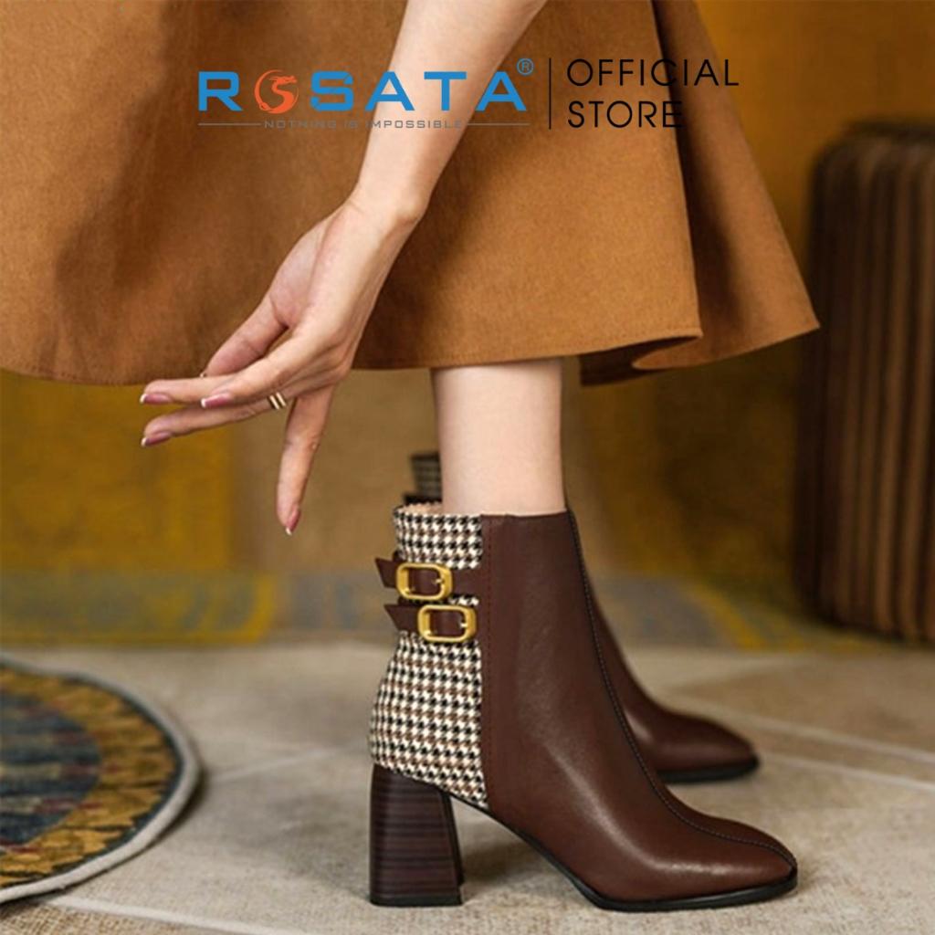 Giày bốt nữ ROSATA RO433 cổ cao mũi vuông êm chân khóa kéo hông gót vuông cao 7cm xuất xứ Việt Nam - BÒ