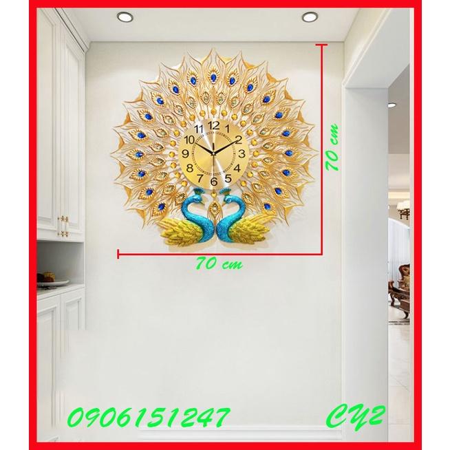 Đồng hồ treo tường trang trí decor chim công CY2 Khổng Tước vàng kích thước 70 x 70 cm