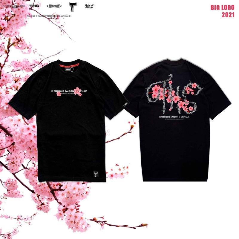 Áo Thun Unisex In Hình Hoa Đào Tết 2021 Logo THS - Màu Đen Trắng Tím