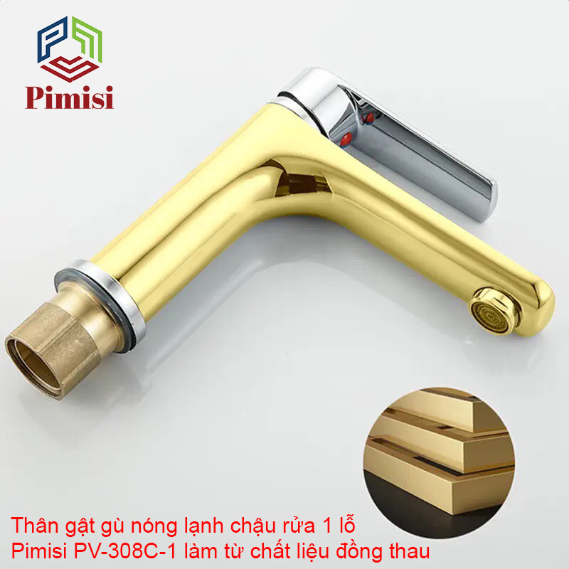 Gật Gù Nóng Lạnh Pimisi PV-308C-1 Dài - Rộng 17 cm, Mạ Xi Sáng Bóng, Dùng Cho Chậu Rửa Mặt 1 Lỗ Ở Nhà Vệ Sinh - Vòi Lavabo Gắn Trên Bồn Chậu Rửa Treo Tường Hay Lavabo Mặt Bàn Đá, Với Đầy Đủ Phụ Kiện Xi Phông Và Dây Cấp Nước | Hàng Chính Hãng