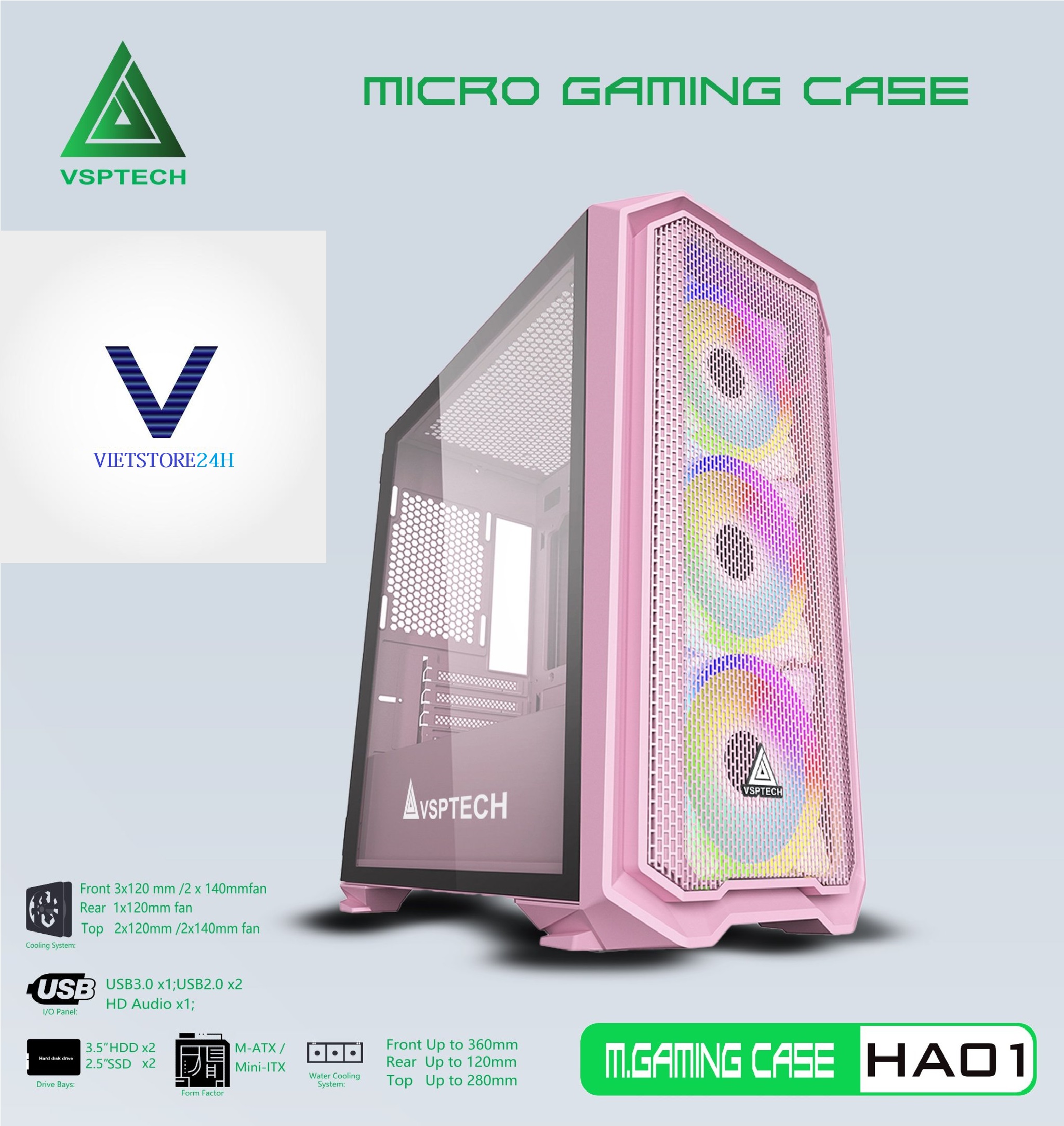 Case Gaming VSP HA01 Mini Tower (Hồng) - Hàng chính hãng