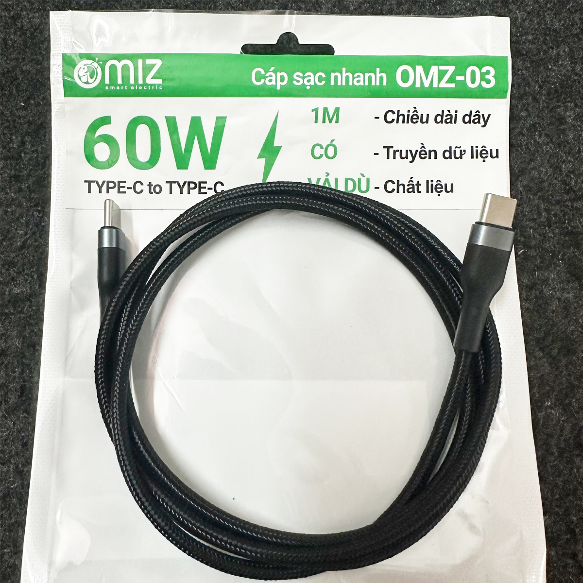 Cáp sạc nhanh 60W 2 đầu Type-C to Type-C Omiz OMZ-03 - Hàng chính hãng