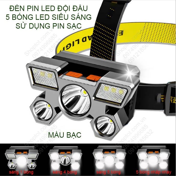 Đèn Pin LED đội đầu siêu sáng 5 pha led (9 chip LED) pin sạc gắn sẵn bên trong, cổng mUSB