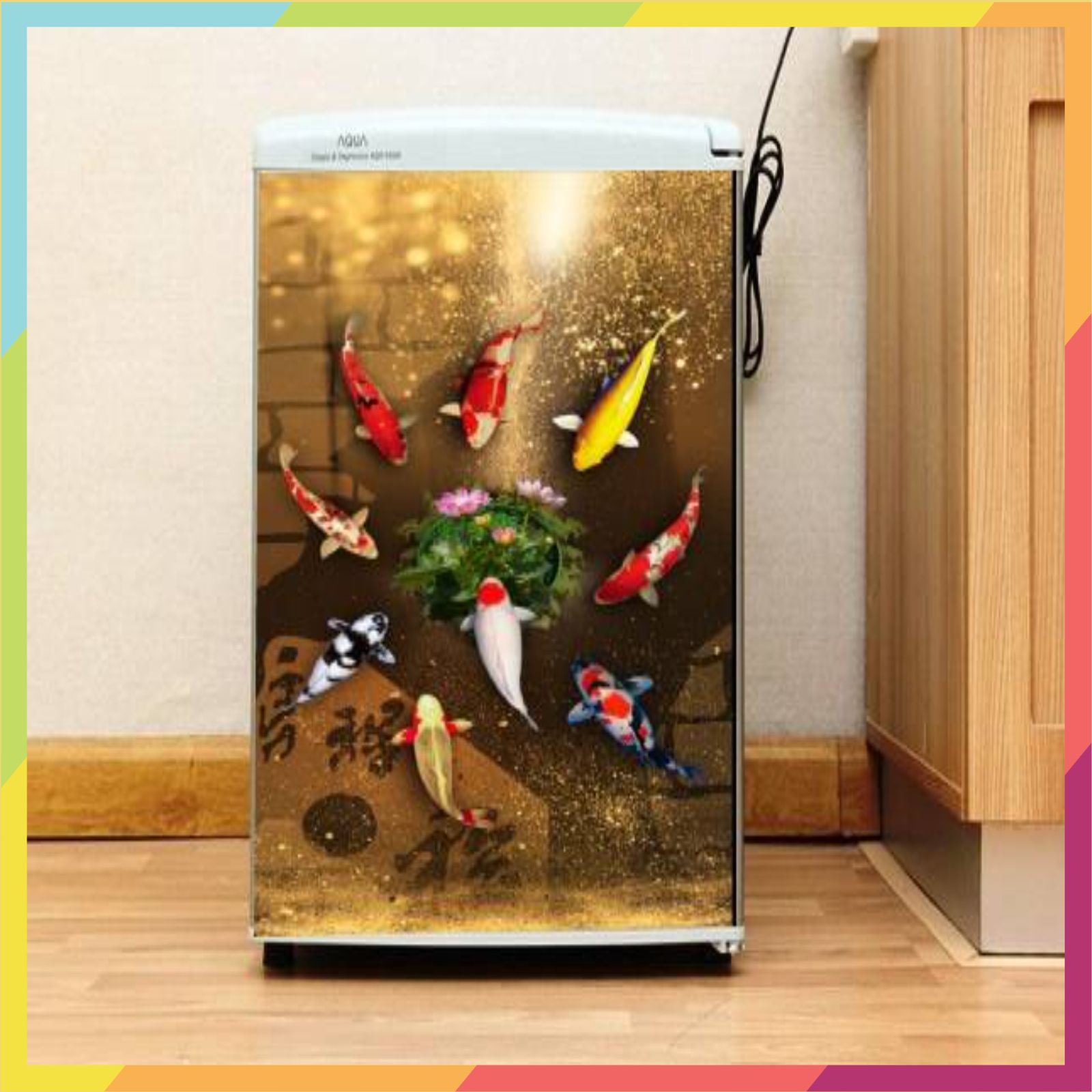 Miếng dán tủ lạnh máy giặt in hình cá koi quậy tròn, bao gồm 4 kích thước chọn lựa, decal không thấm nước