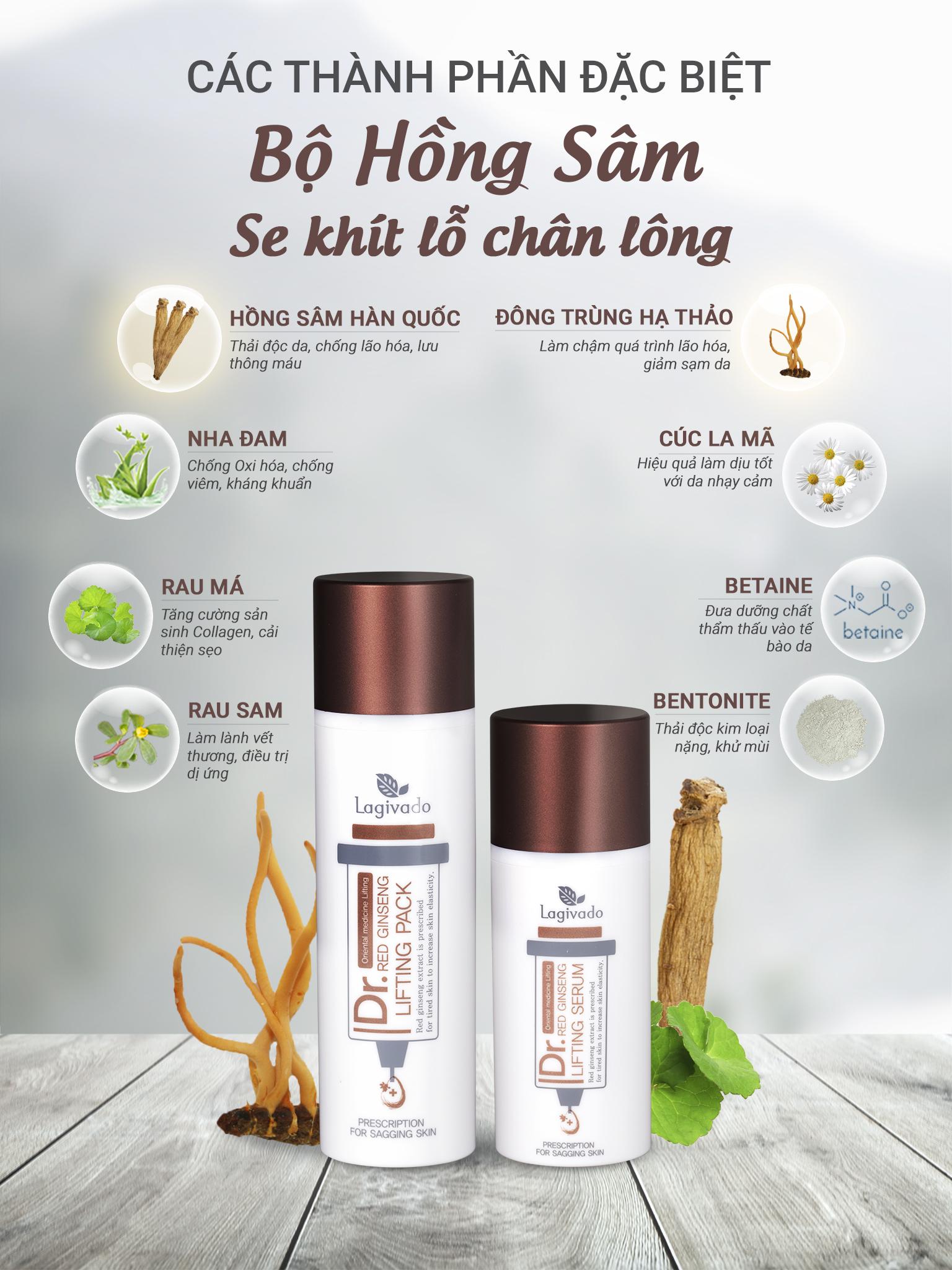 Bộ đôi mặt nạ hồng sâm Hàn Quốc Lagivado thải độc, nâng cơ, đánh bay mụn đầu đen Dr. Red Ginseng Lifting Pack 30 ml và Serum dưỡng da, se khít lỗ chân lông 50 ml