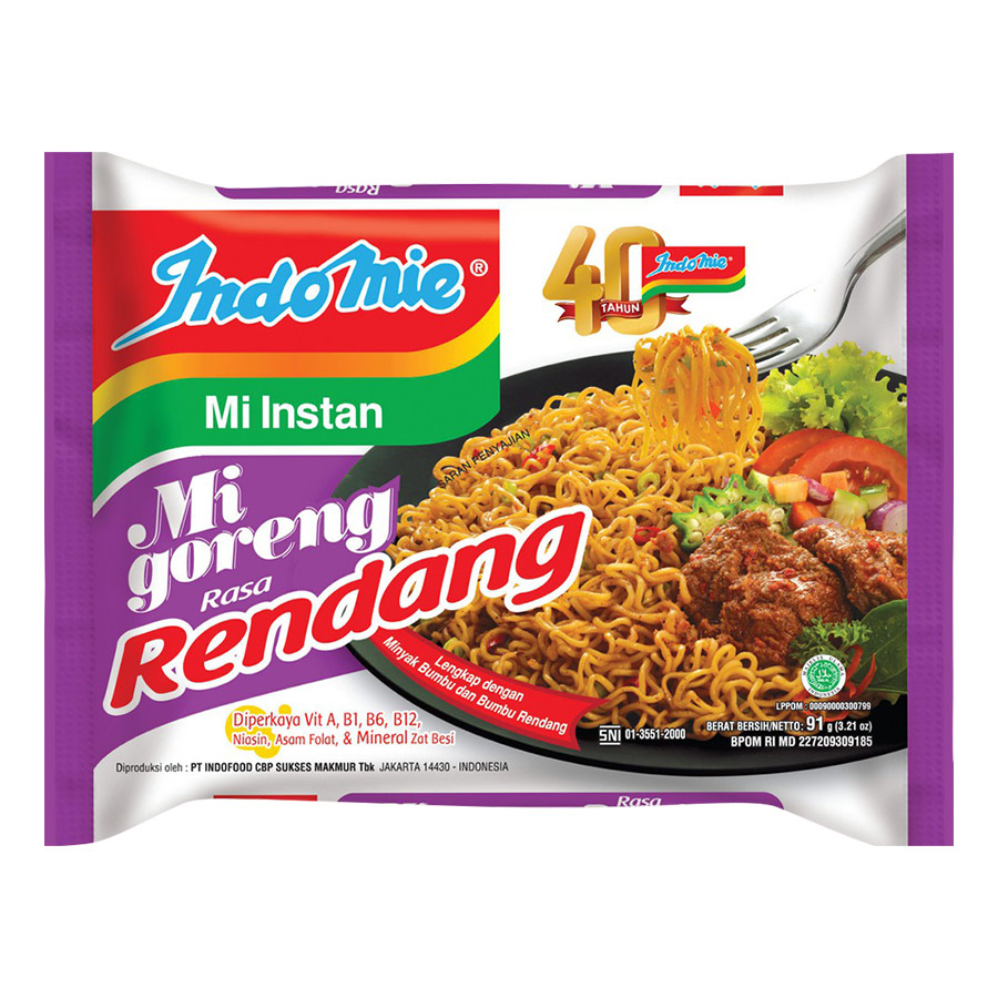 Thùng 40 Gói Mì Xào Khô Indomie Vị bò cay - Mi Goreng Rendang (91g x 40)