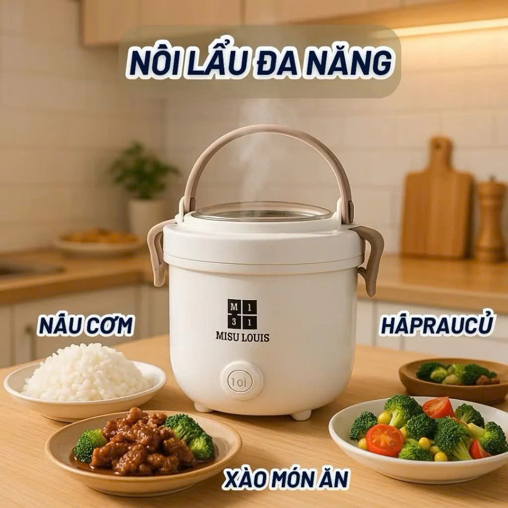 Nồi Lẩu Điện Mini Đa Năng 2.5L MISU LOUIS - Nồi Nấu Mì, Hấp, Chiên, Lẩu Mini Có Xửng Hấp 600W - HÀNG CHÍNH HÃNG MINIIN