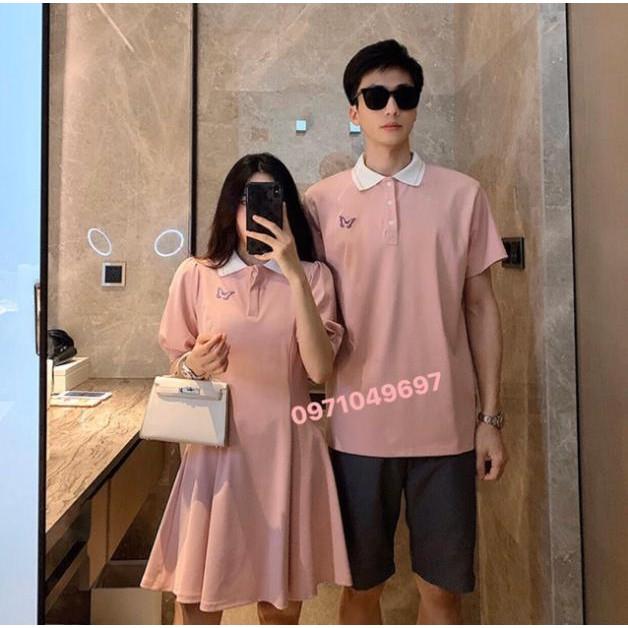 Váy thun đôi: Váy thun polo thêu bướm + Áo polo nam phối hợp
