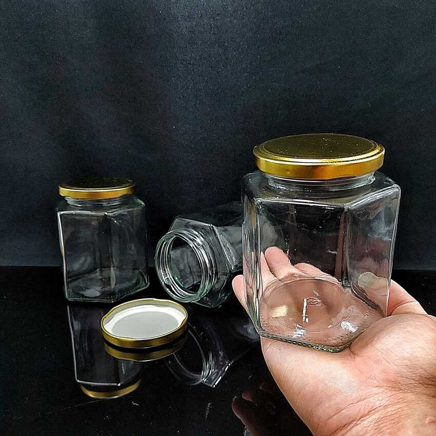 Hũ Thủy Tinh Đựng Gia Vị 500ML mẫu Lục Giác nắp thiếc vàng – Hũ Đựng Gia Vị Thủy Tinh 500ml