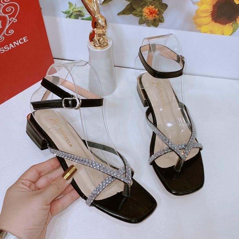 Dép nữ quai hậu, giày sandal nữ đi học dây xoàn xỏ ngón chữ a màu đen gót vuông 2p size từ 35 đến 39