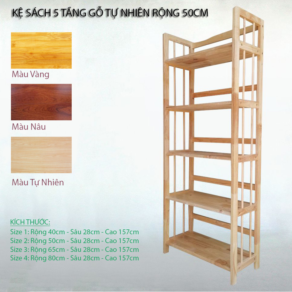 Kệ sách 5 tầng gỗ tự nhiên nhiều size