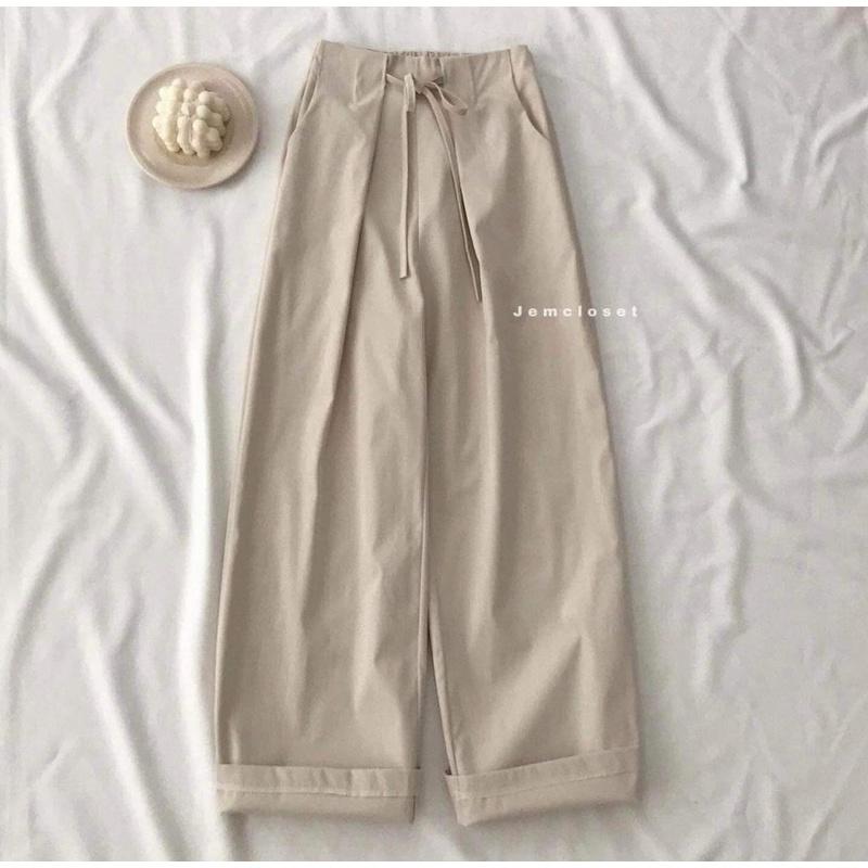 Quần ống rộng suông, Quần culottes nữ lưng cao thắt dây nơ lưng chun chất kaki thô