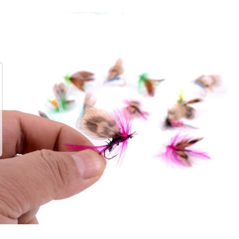 Set 12 con mồi lông gắn lông vũ và cánh bướm siêu đẹp