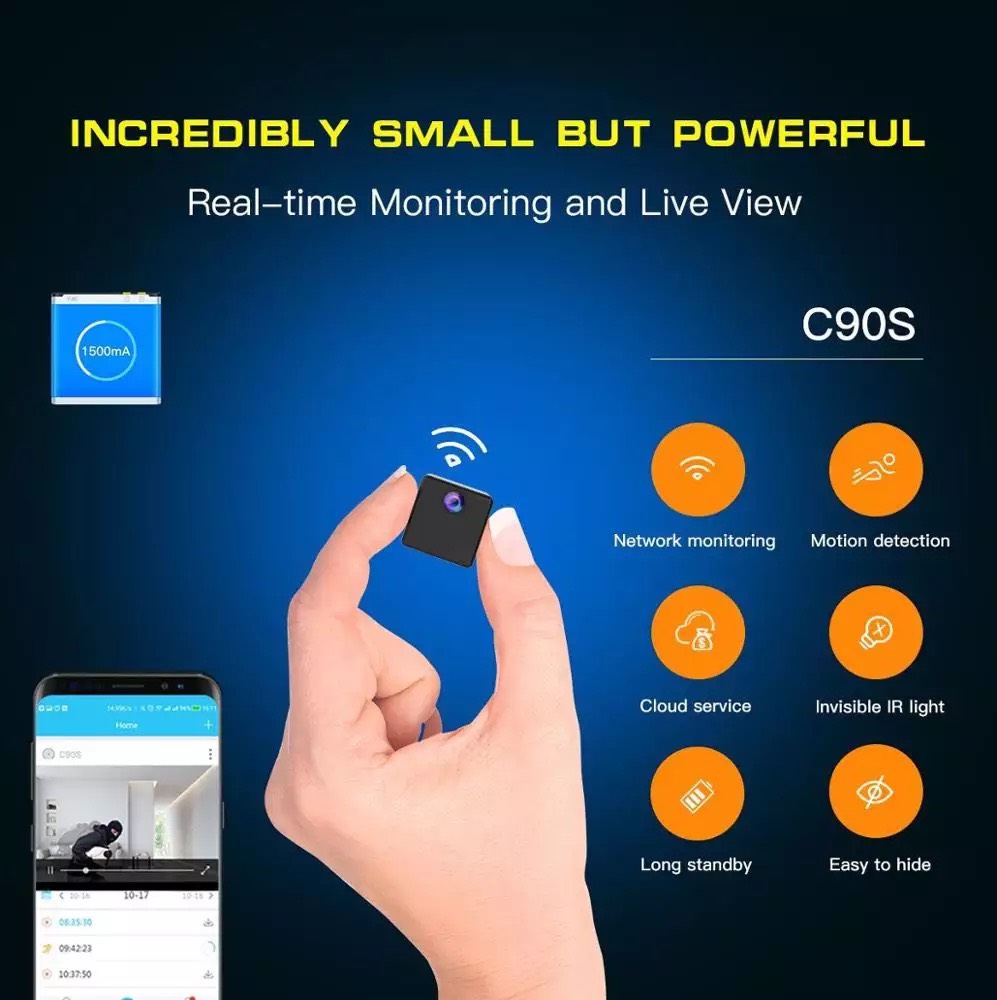 Camera trong nhà Wifi mini C90s Vstarcam 1080p 2MB , siêu nhỏ (3.65x4.0x3.65 Cm) ,  Góc rộng 150 độ , Kèm thẻ nhớ 128GB A1 Lexar - Hàng chính hãng