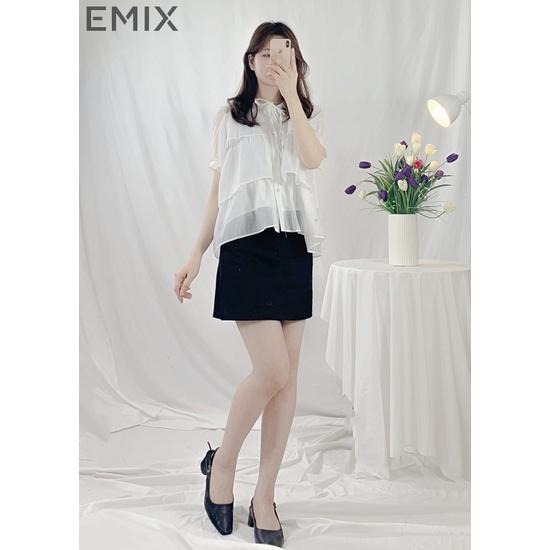 Áo sơ mi công sở bèo tầng EMIX , retro, dáng ngắn, cộc tay, form rộng, xếp bèo tầng, cổ tròn, chất tơ xịn A15