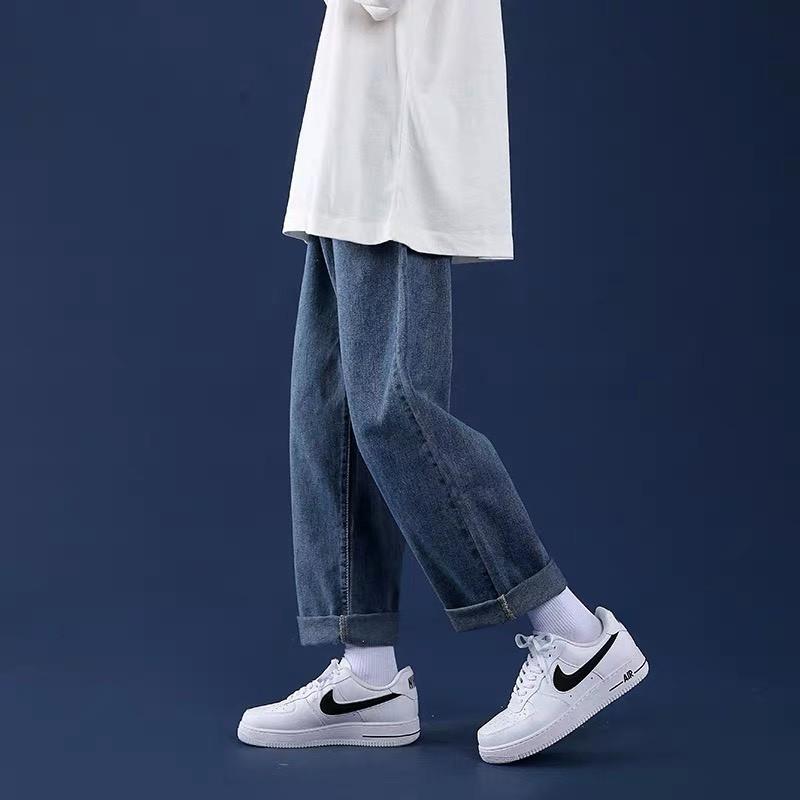 Quần baggy jean nam trơn xanh ống suông chất dày Form chuẩn như hình, quần bò jean ống rộng FFStore