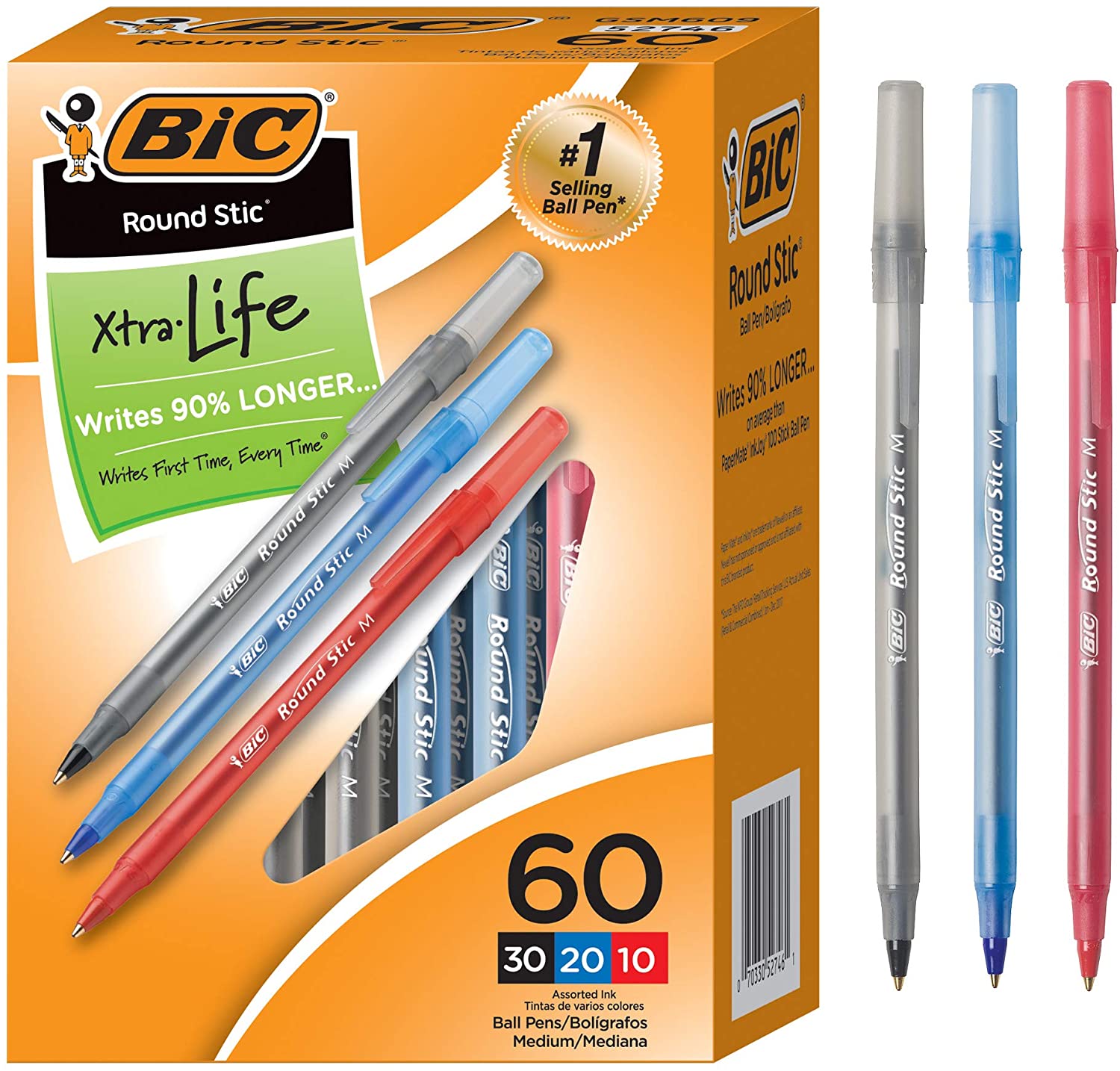 Bút bi Bic Round Stic Xtra Life, Medium Point (1.0mm), Pen Tapping, Màu xanh, đen và đỏ