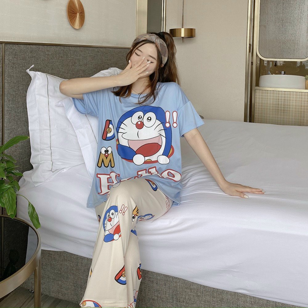 Đồ Bộ Thun Tay Dài Quảng Châu - Pijama Quần Dài - Đồ Mặc Ở Nhà Họa Tiết Hoạt Hình Dễ Thương Chú Mèo Máy